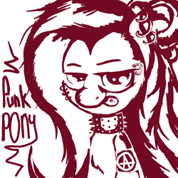 Size: 1280x1280 | Tagged: safe, artist:ba2sairus, oc, oc:pun, earth pony, pony, ask, ask pun, choker, ear piercing, earring, female, jewelry, mare, monochrome, piercing, punk, solo, spiked choker, tongue out