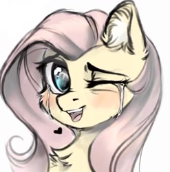 Size: 1391x1406 | Tagged: safe, artist:vird-gi, fluttershy, pegasus, pony, blushing, chest fluff, crying, cute, ear fluff, female, fluttercry, heart, looking at you, mare, one eye closed, open mouth, shyabetes, simple background, smiling, solo, tears of joy, white background