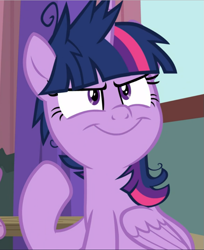 Size: 765x939 | Tagged: safe, screencap, twilight sparkle, twilight sparkle (alicorn), alicorn, pony, a trivial pursuit, cropped, evil grin, faic, grin, messy mane, smiling, solo, twilight snapple