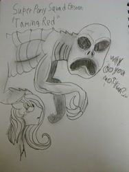 Size: 3024x4032 | Tagged: safe, artist:takengrin endmmar, derpibooru exclusive, fluttershy, pegasus, pony, black sclera, creepypasta, looking at each other, nervous, red (godzilla), traditional art