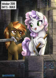 Size: 2550x3507 | Tagged: safe, artist:tokokami, button mash, sweetie belle, earth pony, pony, unicorn, colt, female, filly, hoof hold, inktober, inktober 2019, male, minecraft, mouth hold, pickaxe, sword, weapon