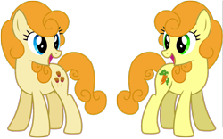 Size: 1649x1029 | Tagged: safe, artist:abealy2, carrot top, golden harvest, earth pony, pony, caramel apple, comparison, duo, female, looking at each other, mare, simple background, transparent background, wrong eye color