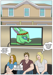 Size: 2893x4092 | Tagged: safe, artist:ltcolonelwhipper, artist:rex-equinox, free love (changedling), changedling, changeling, human, comic:sharing your wishes!, comic, commission, dialogue, female, high res, house, male, sitting, sofa, speech bubble, story included, television, thought bubble, watching, wish