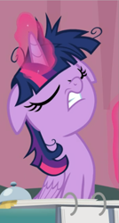 Size: 457x851 | Tagged: safe, screencap, twilight sparkle, twilight sparkle (alicorn), alicorn, pony, a trivial pursuit, cropped, eyes closed, floppy ears, glowing horn, horn, solo