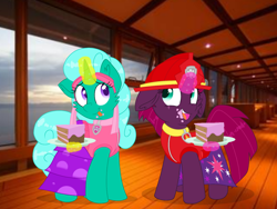 Size: 1440x1080 | Tagged: safe, artist:rainbow eevee edits, artist:徐詩珮, fizzlepop berrytwist, glitter drops, tempest shadow, unicorn, series:sprglitemplight diary, series:sprglitemplight life jacket days, series:springshadowdrops diary, series:springshadowdrops life jacket days, alternate universe, broken horn, cake, clothes, cute, female, food, glitterbetes, glittershadow, horn, lesbian, paw patrol, shipping, swimsuit, tempestbetes