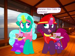 Size: 1440x1080 | Tagged: safe, artist:rainbow eevee edits, artist:徐詩珮, fizzlepop berrytwist, glitter drops, tempest shadow, unicorn, series:sprglitemplight diary, series:sprglitemplight life jacket days, series:springshadowdrops diary, series:springshadowdrops life jacket days, alternate universe, broken horn, cake, clothes, cute, dialogue, female, food, glitterbetes, glittershadow, horn, lesbian, paw patrol, shipping, swimsuit, tempestbetes