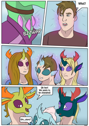 Size: 2893x4092 | Tagged: safe, artist:ltcolonelwhipper, artist:rex-equinox, free love (changedling), ocellus, pharynx, thorax, changedling, changeling, human, comic:sharing your wishes!, age regression, comic, commission, dialogue, female, female to male, high res, human to changeling, king thorax, magic, male, male to female, onomatopoeia, open mouth, prince pharynx, rule 63, smiling, sound effects, speech bubble, story included, transformation, transgender transformation