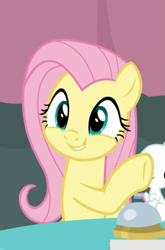 Size: 481x729 | Tagged: safe, screencap, angel bunny, fluttershy, pegasus, pony, a trivial pursuit, cropped, cute, female, mare, offscreen character, raised hoof, shyabetes, smiling, solo focus