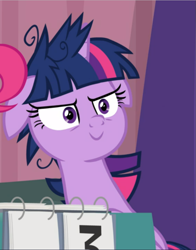 Size: 737x939 | Tagged: safe, screencap, twilight sparkle, twilight sparkle (alicorn), alicorn, pony, a trivial pursuit, cropped, evil grin, floppy ears, grin, messy mane, smiling, solo, twilight snapple