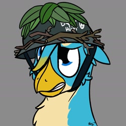 Size: 2013x2013 | Tagged: safe, artist:kamithepony, gallus, griffon, born to x, helmet, leaves, simple background, solo, stick