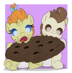 Size: 579x582 | Tagged: safe, artist:ravenpuff, pound cake, pumpkin cake, pegasus, pony, unicorn, baby, baby pony, colt, cookie, diaper, duo, female, filly, food, giant cookie, male