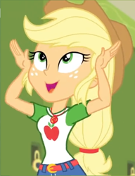 Size: 690x900 | Tagged: safe, edit, edited screencap, screencap, applejack, better together, equestria girls, holidays unwrapped, cropped, cute, geode of super strength, hands on head, happy, hat, jackabetes, magical geodes, solo