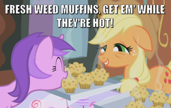 Size: 1102x694 | Tagged: safe, edited screencap, screencap, amethyst star, applejack, sparkler, earth pony, pony, unicorn, applebuck season, baked bads, caption, image macro, implied marijuana, meme, muffin, text