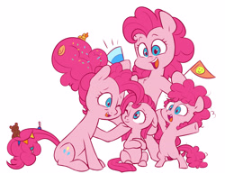 Size: 4338x3355 | Tagged: safe, artist:chub-wub, part of a set, pinkie pie, earth pony, pony, the last problem, age progression, bipedal, cute, diapinkes, female, filly, filly pinkie pie, flag, mare, multeity, older, older pinkie pie, one eye closed, open mouth, party horn, pinkamena diane pie, self ponidox, simple background, smiling, solo, too much pink energy is dangerous, white background, younger