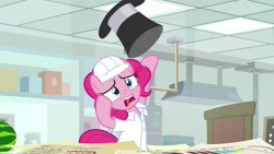 Size: 1920x1080 | Tagged: safe, screencap, pinkie pie, pony, the last laugh, clothes, hard hat, hat, lab coat, solo, top hat