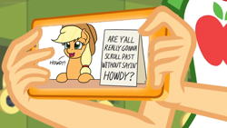 Size: 1600x900 | Tagged: safe, edit, edited screencap, editor:wild stallions, screencap, earth pony, pony, better together, equestria girls, holidays unwrapped, applejack's phone, applejack's sign, crossing the memes, female, mare, meme, y'all