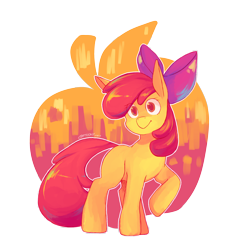 Size: 2460x2458 | Tagged: safe, artist:chiptoony, apple bloom, earth pony, pony, abstract background, adorabloom, apple, blank flank, bow, colored pupils, cute, eye clipping through hair, female, filly, food, hair bow, solo