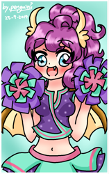 Size: 751x1196 | Tagged: safe, artist:penguin?, smolder, human, 2 4 6 greaaat, belly button, cheerleader, cheerleader outfit, cheerleader smolder, clothes, cute, female, horn, horned humanization, humanized, pom pom, smolderbetes, solo, winged humanization, wings