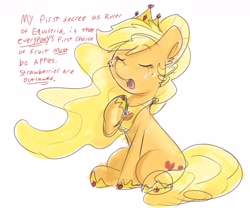 Size: 3840x3200 | Tagged: safe, artist:littleblackraencloud, applejack, earth pony, pony, apple, cheek fluff, crown, cute, dialogue, ear fluff, eyes closed, female, high res, hoof shoes, jackabetes, jewelry, mare, open mouth, peytral, princess applejack, regalia, silly, silly pony, sitting, solo, that pony sure does hate strawberries, that pony sure does love apples, who's a silly pony