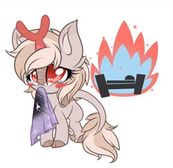 Size: 1024x996 | Tagged: safe, artist:starlightlore, oc, oc only, oc:emberwhirl, kirin, bed, blanket, blush sticker, blushing, burned, burning, cute, female, filly, fire, hnnng, kirin oc, mouth hold, oops, simple background, solo, teary eyes, towel, white background