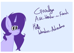 Size: 1280x914 | Tagged: safe, artist:wonderschwifty, derpibooru import, oc, oc:wonder sparkle, pony, announcement, ask wonder sparkle, tumblr:wonder's adventures