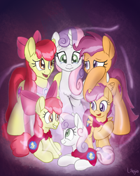 Size: 2000x2500 | Tagged: safe, artist:litrojia, apple bloom, scootaloo, sweetie belle, earth pony, pegasus, pony, unicorn, the last problem, abstract background, cape, cheek fluff, chest fluff, clothes, cmc cape, crying, cute, cutie mark crusaders, end of ponies, female, filly, goldie delicious' scarf, high res, magic, mare, older, older apple bloom, older cmc, older scootaloo, older sweetie belle, open mouth, scarf, smiling, tears of joy