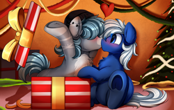 Size: 3862x2455 | Tagged: safe, artist:pridark, oc, oc only, earth pony, pony, beanie, blushing, chest fluff, christmas, christmas tree, commission, cute, decoration, hair over eyes, hat, heart, high res, holiday, kissing, ocbetes, present, tree, underhoof