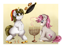 Size: 3509x2550 | Tagged: safe, artist:pridark, oc, oc only, oc:intrepid charm, oc:sigmatau, pony, unicorn, candle, cloven hooves, commission, cutie mark, fire, food, hanukkah, high res, sitting, smiling