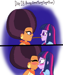 Size: 3000x3556 | Tagged: safe, artist:bigpurplemuppet99, saffron masala, twilight sparkle, equestria girls, 30 day otp challenge, afro, blushing, comic, equestria girls-ified, female, food, kissing, lesbian, pocky, pocky game, shipping, twiffron