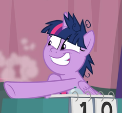 Size: 837x775 | Tagged: safe, screencap, twilight sparkle, twilight sparkle (alicorn), alicorn, pony, a trivial pursuit, cropped, dust, faic, grin, messy mane, pointing, smiling, solo, twilight snapple