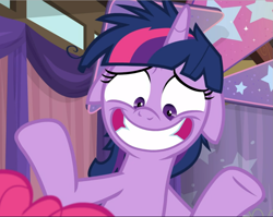 Size: 1183x940 | Tagged: safe, screencap, twilight sparkle, twilight sparkle (alicorn), alicorn, pony, a trivial pursuit, cropped, faic, floppy ears, grin, looking down, messy mane, offscreen character, shrunken pupils, smiling, solo, spread hooves, twilight snapple