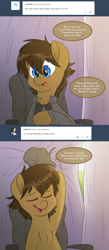 Size: 2000x4600 | Tagged: safe, artist:fluffyxai, oc, oc only, oc:spirit wind, pony, ask, clothes, curtains, cute, eyes closed, jewelry, male, necklace, smiling, solo, speech bubble, stallion, tumblr, tumblr:ask spirit wind