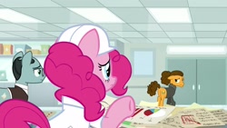 Size: 1920x1080 | Tagged: safe, screencap, cheese sandwich, pinkie pie, pony, the last laugh, alternate hairstyle, clothes, hard hat, lab coat, paper, sans smirk, sweater, turtleneck