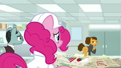 Size: 1920x1080 | Tagged: safe, screencap, cheese sandwich, pinkie pie, pony, the last laugh, alternate hairstyle, clothes, hard hat, lab coat, paper, sans smirk, sweater, turtleneck