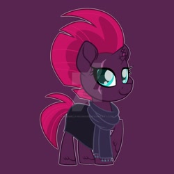 Size: 1600x1600 | Tagged: safe, artist:missmele-madness, fizzlepop berrytwist, tempest shadow, pony, chibi, clothes, deviantart watermark, obtrusive watermark, scarf, simple background, solo, watermark