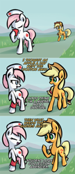 Size: 1037x2404 | Tagged: safe, artist:shovrike, applejack, nurse redheart, earth pony, pony, apple, ask, ask pun, comic, duo, female, food, heart, hoof hold, mare, reality ensues, walking