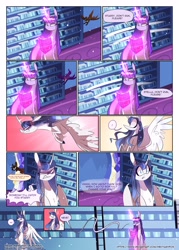 Size: 3500x4900 | Tagged: safe, artist:iheyyasyfox, twilight sparkle, twilight sparkle (alicorn), oc, oc:starry velvet, oc:stella alba nyx, alicorn, pony, comic:first day of school, absurd resolution, alicorn oc, book, comic, cross-popping veins, female, glowing horn, horn, magic, mare, offspring, parent:flash sentry, parent:twilight sparkle, parents:flashlight, telekinesis, white eyes