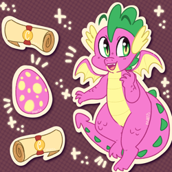 Size: 1280x1280 | Tagged: safe, artist:marsbitten, spike, dragon, cute, dragon egg, male, open mouth, scroll, solo, spikabetes, winged spike