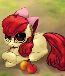 Size: 1460x1711 | Tagged: safe, artist:tijopi, apple bloom, earth pony, pony, adorabloom, apple, blank flank, cute, dock, ear fluff, female, filly, food, looking at you, prone, solo