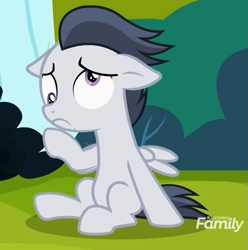 Size: 577x581 | Tagged: safe, screencap, rumble, pegasus, pony, marks and recreation, colt, cropped, derp, discovery family logo, dizzy, dizzy eyes, male, sitting, solo
