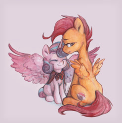 Size: 1872x1892 | Tagged: safe, artist:jewellier, princess flurry heart, scootaloo, alicorn, pegasus, pony, cape, clothes, cute, eyes closed, female, flurrybetes, gray background, large wings, lidded eyes, looking back, mare, older, older flurry heart, older scootaloo, simple background, sitting, smiling, the cmc's cutie marks, traditional art, white background, wing envy, wings