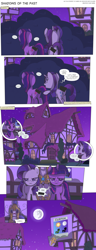 Size: 2250x5887 | Tagged: safe, artist:perfectblue97, derpibooru import, rarity, twilight sparkle, unicorn twilight, pony, unicorn, comic:shadows of the past, censored, comic, mare in the moon, moon, ponyville, poster, royal guard, shadow, unnecessary censorship