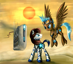 Size: 1600x1400 | Tagged: safe, artist:asimos, oc, oc only, pony, zebra, clothes, desert, duo, goggles, ship, sun