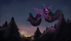 Size: 3713x2177 | Tagged: safe, artist:y-snow, princess twilight 2.0, twilight sparkle, twilight sparkle (alicorn), alicorn, pony, the last problem, night, older, older twilight, shooting star, solo, streetlight, tree