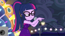 Size: 1920x1080 | Tagged: safe, screencap, sci-twi, twilight sparkle, better together, equestria girls, spring breakdown, all good (song), microphone, sexy egghead, singing, sleeveless, solo