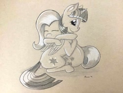 Size: 1032x774 | Tagged: safe, artist:peruserofpieces, fluttershy, twilight sparkle, twilight sparkle (alicorn), alicorn, pegasus, pony, eyes closed, female, hug, mare, pencil drawing, smiling, toned paper, traditional art
