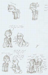 Size: 896x1395 | Tagged: safe, artist:ravenpuff, oc, oc only, oc:good fortune, oc:sugar glacing, oc:sugar glazing, pegasus, pony, unicorn, ..., :i, bored, chew toy, clothes, colt, comic, dialogue, disgusted, exclamation point, graph paper, grayscale, horn, interrobang, male, monochrome, mouth hold, onomatopoeia, open mouth, pegasus oc, question mark, raised hoof, squeak, suit, surprised, traditional art, unamused, unicorn oc, unshorn fetlocks, wings