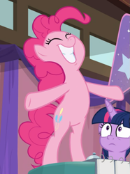 Size: 627x841 | Tagged: safe, screencap, pinkie pie, twilight sparkle, twilight sparkle (alicorn), alicorn, earth pony, pony, a trivial pursuit, bipedal, cropped, cute, diapinkes, eyes closed, faic, female, grin, happy, mare, smiling, solo focus, spread hooves, teeth, underhoof