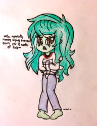 Size: 2302x3004 | Tagged: safe, artist:michaelmaddox222, wallflower blush, equestria girls, equestria girls series, forgotten friendship, annoyed, bondage, clothes, colored, female, freckles, pants, pencil drawing, punishment, signature, socks, solo, straitjacket, traditional art