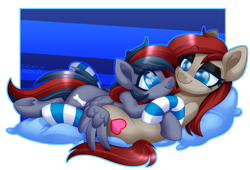 Size: 1876x1274 | Tagged: safe, artist:sickly-sour, oc, oc only, oc:doge, oc:ponepony, earth pony, pegasus, clothes, cuddling, cute, eye contact, hug, looking at each other, on top, socks, striped socks